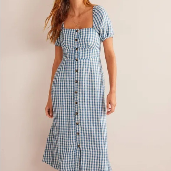 Boden Square Neck Linen Midi Dress in Delphinium Blue Gingham Size 10 NWT - Picture 2 of 7